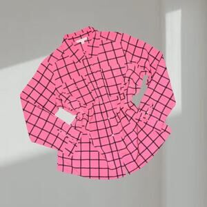 Studio Works Blouse – Pink/Black Grid Print Button-Up (XL)